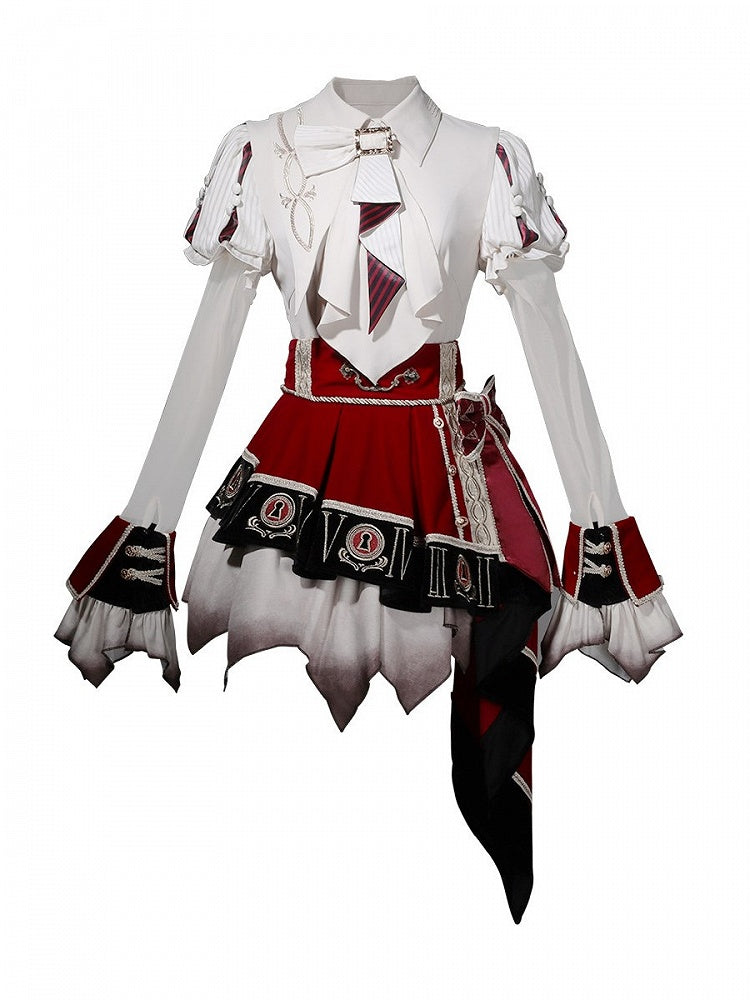 Red Black Juliette Sleeves Preppy Lolita Blouse Asymmetric Skirt Set - Unknown Star