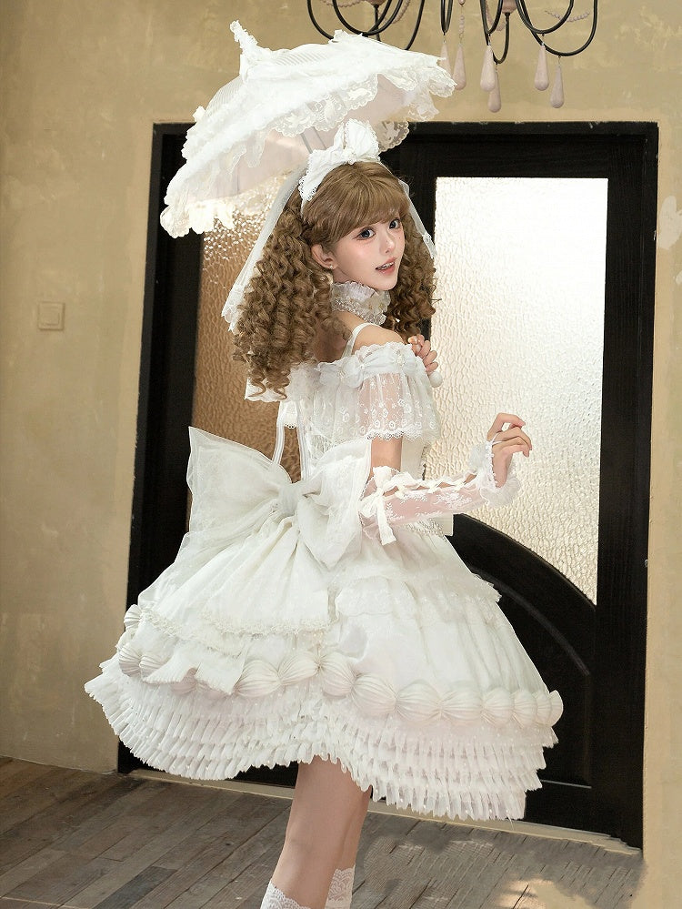 KC Lolita Full Dress Choker Mini Off Hat Cuffs Set + Shoulder Wrist Veil Hime White