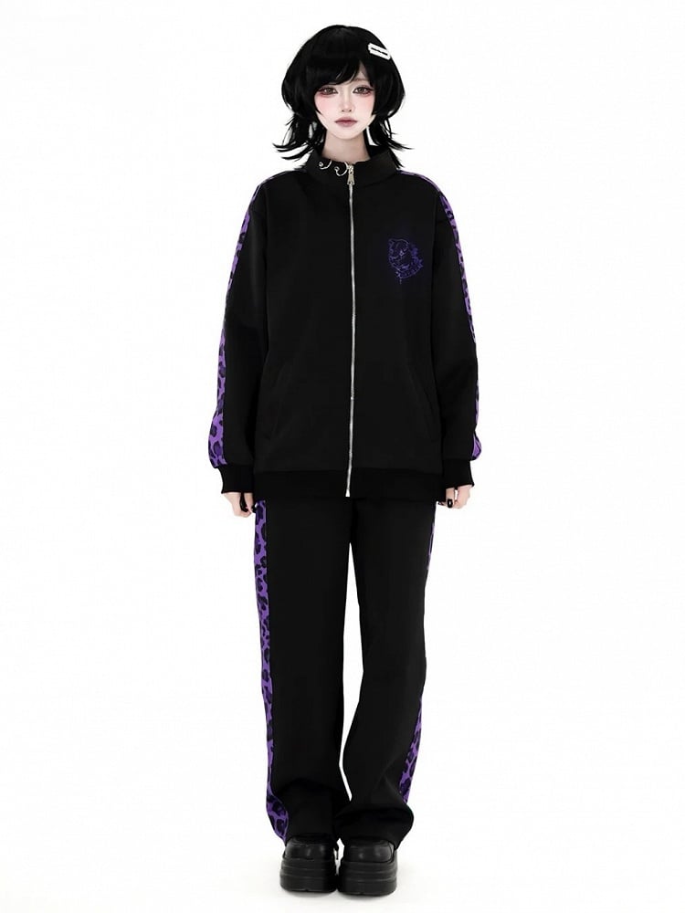 Sporty Jirai Kei Black & Purple Leopard Print Pants - Puzzles