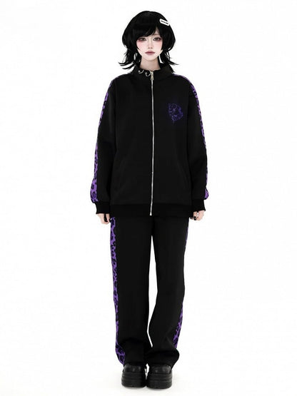 Sporty Jirai Kei Black & Purple Leopard Print Pants - Puzzles