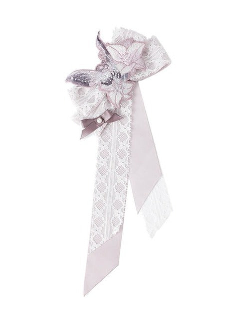 Floral Stitched Bow Lace Brooch Accessory - Yimu Walnut