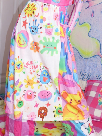 漫画プリントのカラフルなAラインの伸縮性ウエストスカート Y2K