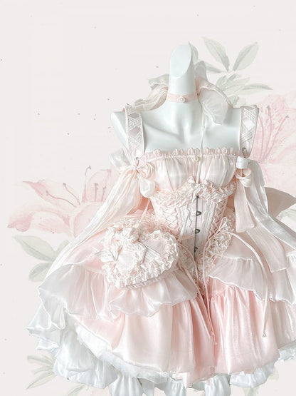 Hime trägerloses Lolita-Kleid mit großer Taille und Schleife, Ausschnitt, süßes Korsett, Rosa