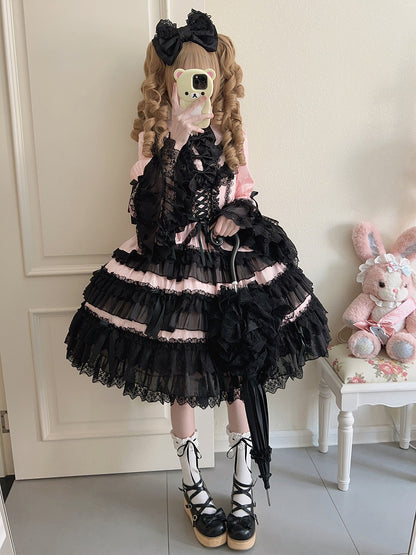 Bell Black Lolita and Long Sleeves Skirt Tiered Pink Ruffle Decorated Bows Dress