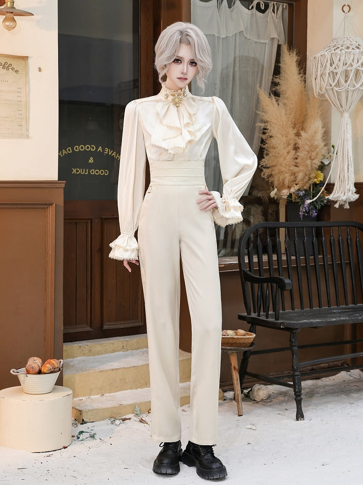 Ivory High-Waisted Pants with Jacquard Fabric Panels - DevilInspired Exclusive Collection
