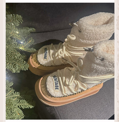 キャメルヒールのプラッシュプラットフォームブーツ