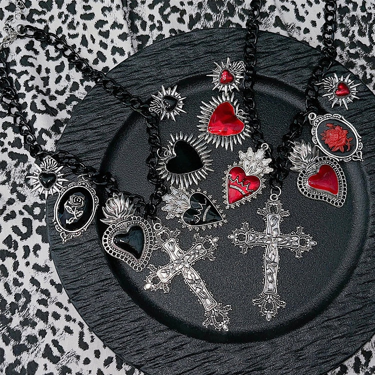 Herz Halskette Rot/Schwarz Y2K Kreuz Anhänger Floral Und