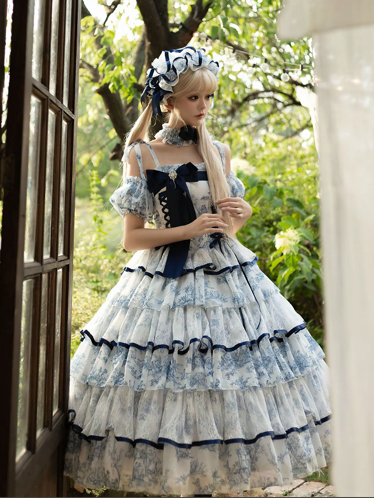 Blue & White Porcelain Style Rose Bow Hairband - Sleepless Star