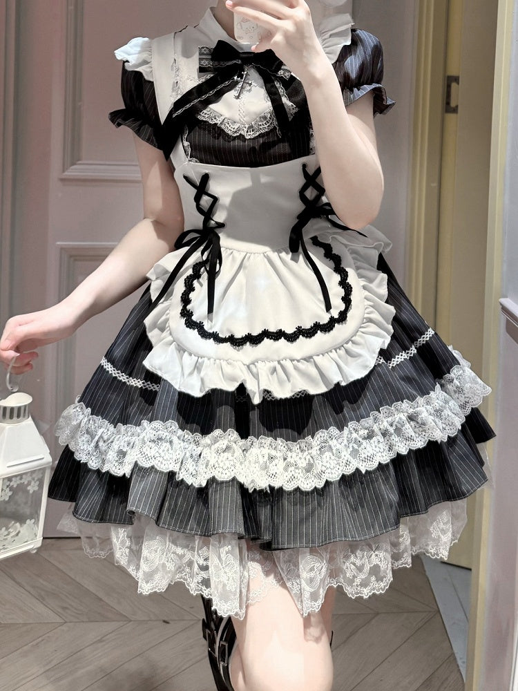 Gray Striped Lace OP Dress with Apron - Delusions Studio