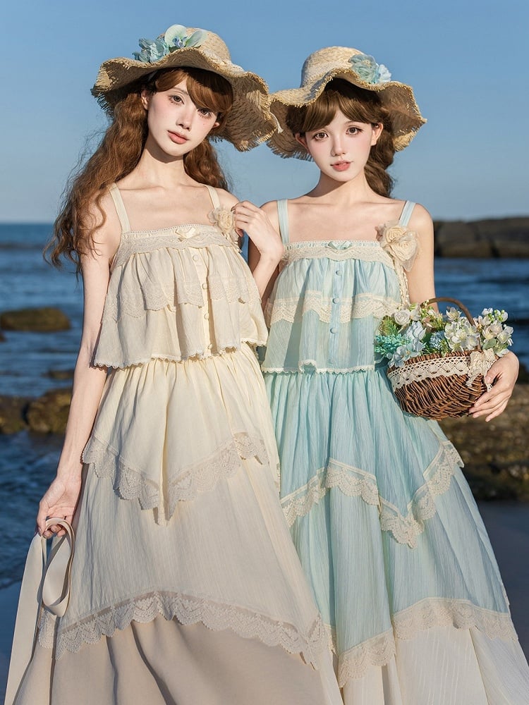 Blue Square Neck Lace Sleeveless Top with Adjustable Straps - With PUJI