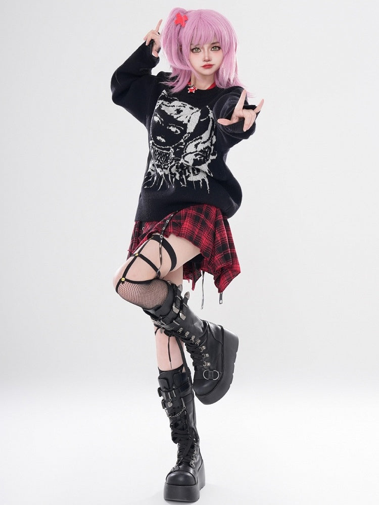 ワインレッド/ブラック Y2K ガール柄セーター（フリーチョーカー付き）