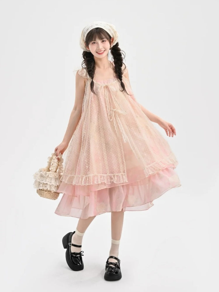 Slip Overdress Dress+Flutter Sleeves Neck Tiered Two-pieces Skirt Polka-dot Yume Kawaii Pink Set-	Halter