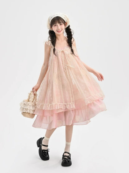 Slip Overdress Dress+Flutter Sleeves Neck Tiered Two-pieces Skirt Polka-dot Yume Kawaii Pink Set-	Halter