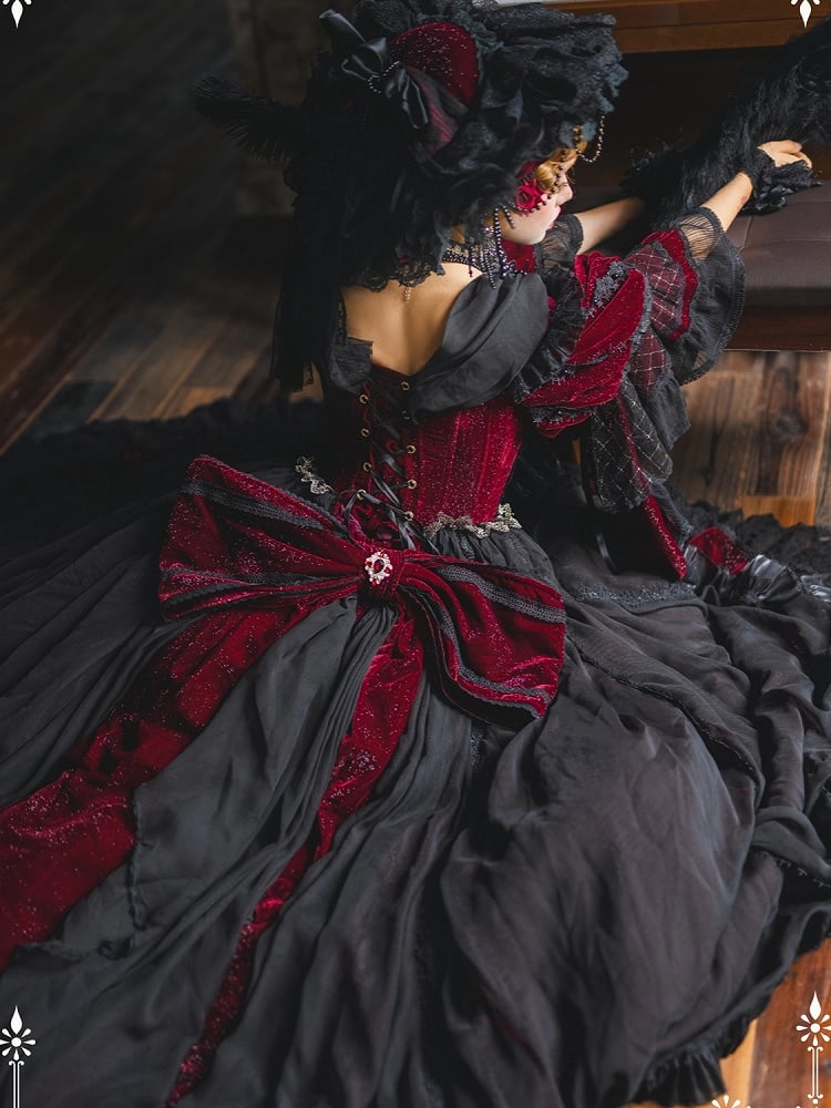 und schimmerndes OP-Komplettset, wunderschönes schwarzes High-Low-Lolita-Samt-Hanayome-Rotkleid