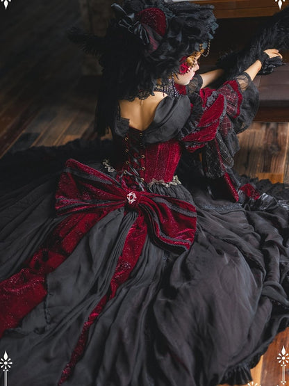 and Hanayome Dress Black Ruffle High-low Lolita Cascading Shimmering Velvet Red