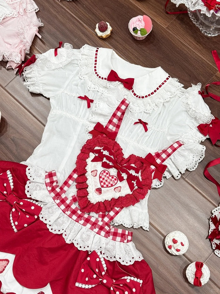 White Short-sleeved Bowknots with Blouse Lolita Red