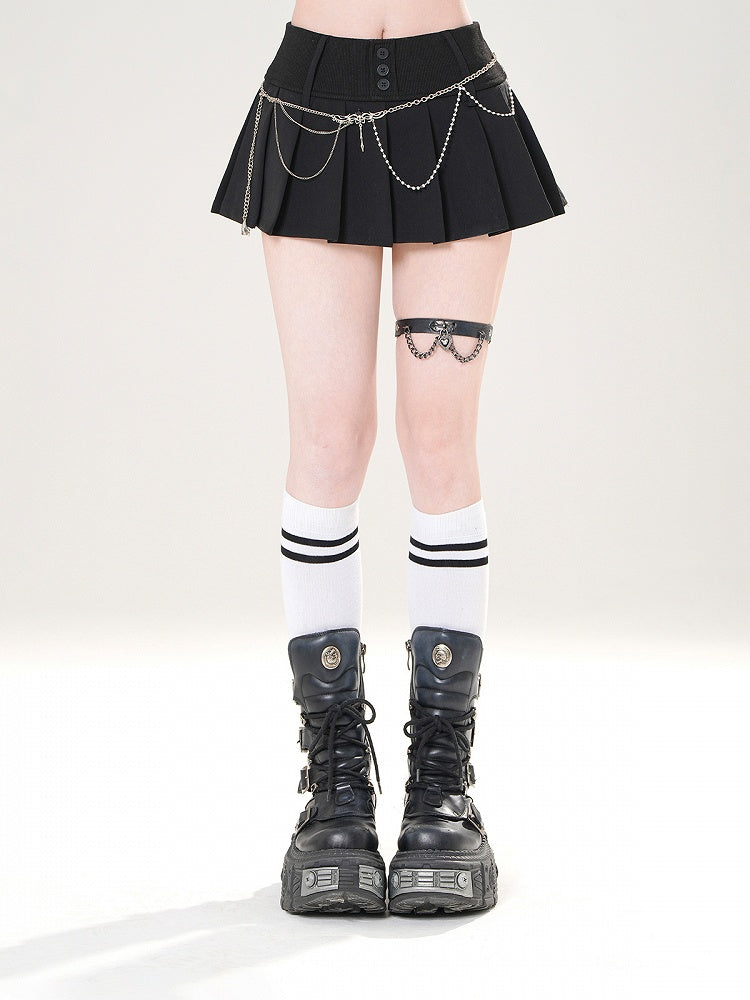 Skirt Black/White with Design Front Button - Pleated Placket Mini Slimming