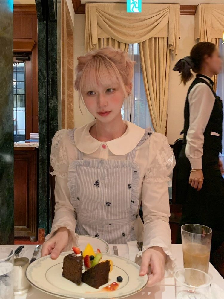 Top Ruffled Apron Black/White Peter with Pan Collar Faux Two-Piece