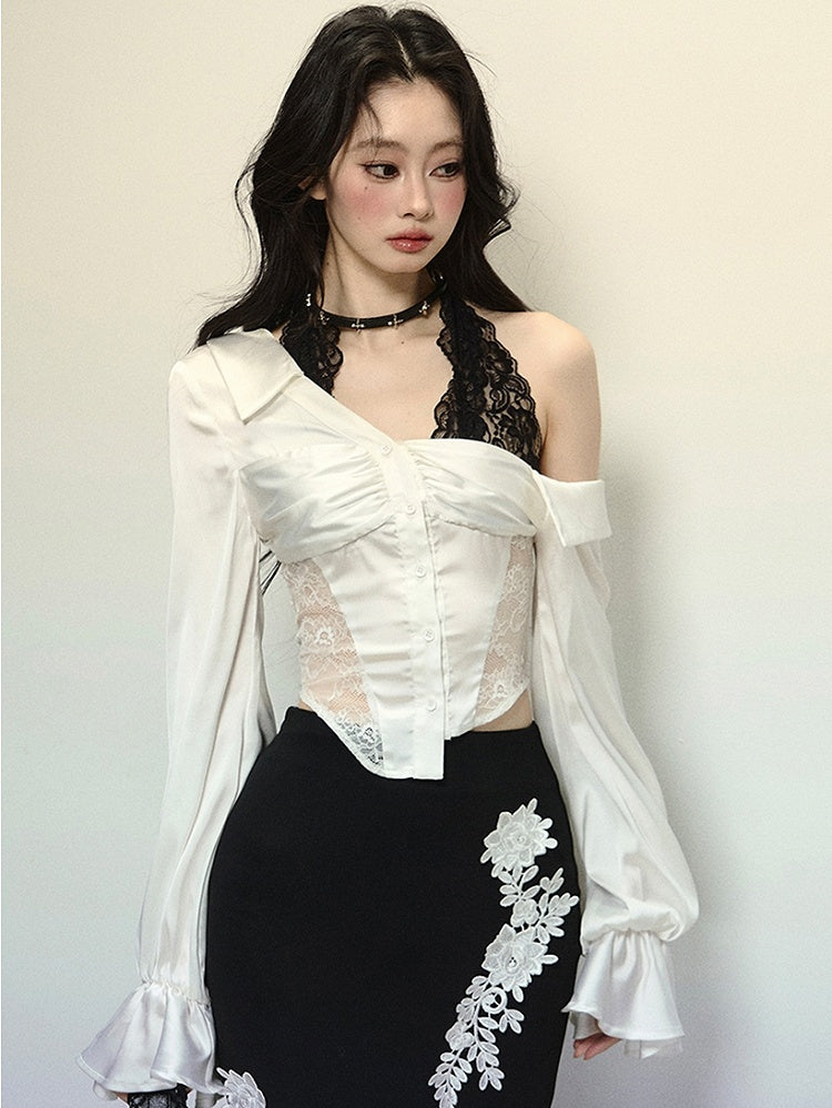 ホワイトレースパッチウエスト長袖ブラウス、ブラックレースホルターネックデザイン