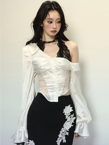 ホワイトレースパッチウエスト長袖ブラウス、ブラックレースホルターネックデザイン
