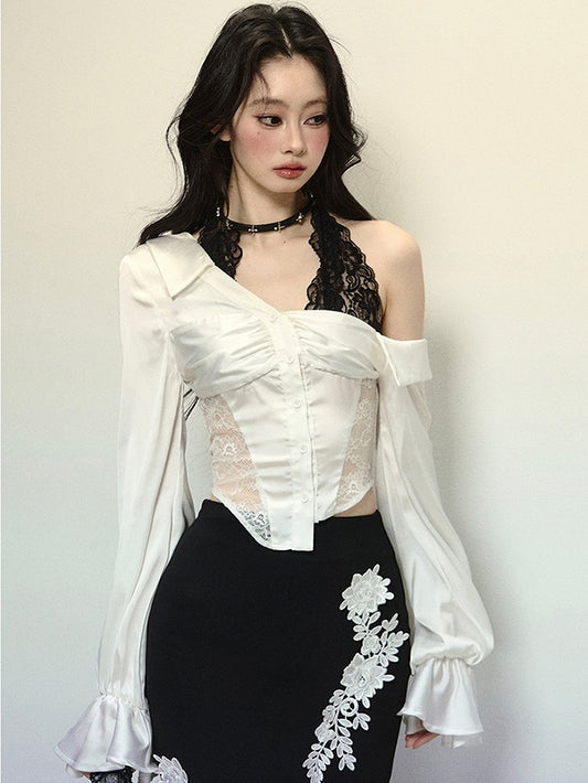 ホワイトレースパッチウエスト長袖ブラウス、ブラックレースホルターネックデザイン