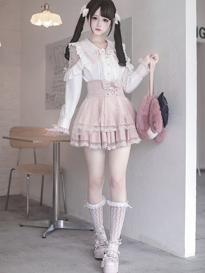 Jirai Cutouts Delicate with Blouse and Kei Sweetness White Pink Lace Flat Collar Pointed