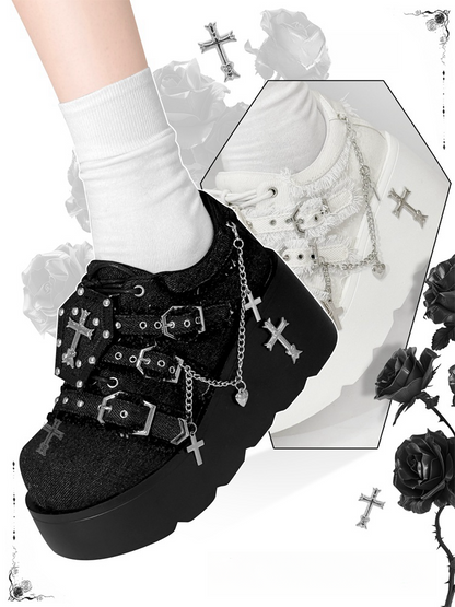 with Black Gothic Platform Chain Decoration Punk Heel Chunky Studded 7cm Sneakers Cross