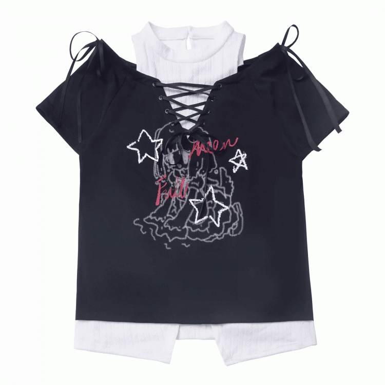 グラフィックTシャツ ネックライン フェイクツーピース グリーン/ブラック カットアウトショルダー レースアップ