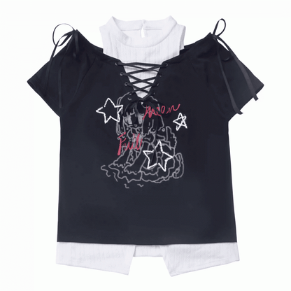 グラフィックTシャツ ネックライン フェイクツーピース グリーン/ブラック カットアウトショルダー レースアップ