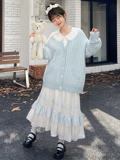 ホワイトハイウエストレーストリムスウィートスカートチェック柄パッチワーク