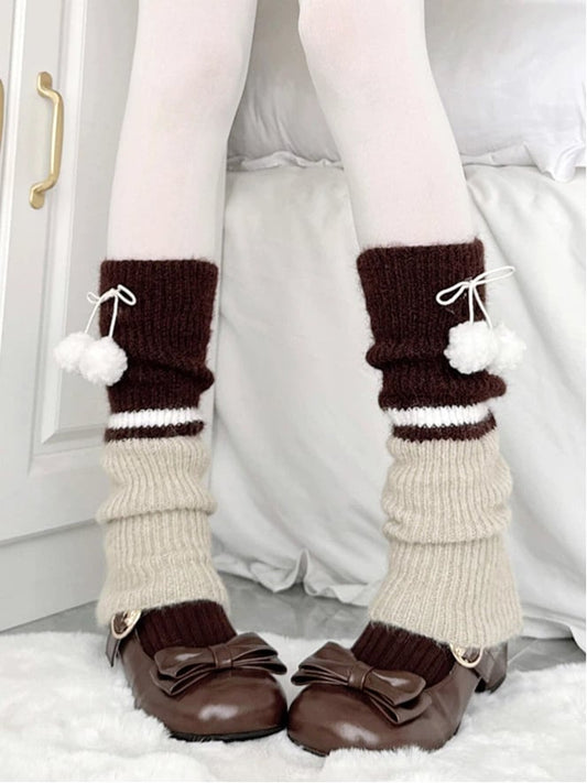 ZUO BIAN Ribbed Leg Warmers with Pom-Pom Ties