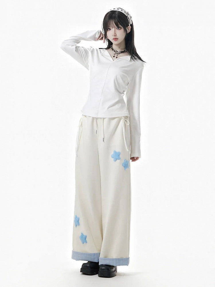 Gray/Black/Beige Plush with Rolled Star Cuffs Appliques Dark Sweatpants Striped