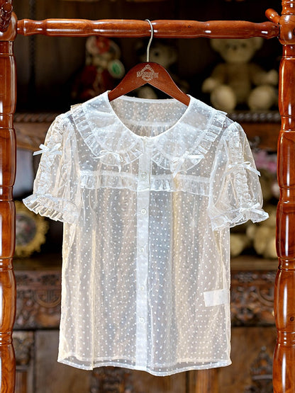 White Peter Pan Collar Polka Dot Sheer Tulle Top - Dream Magic Box