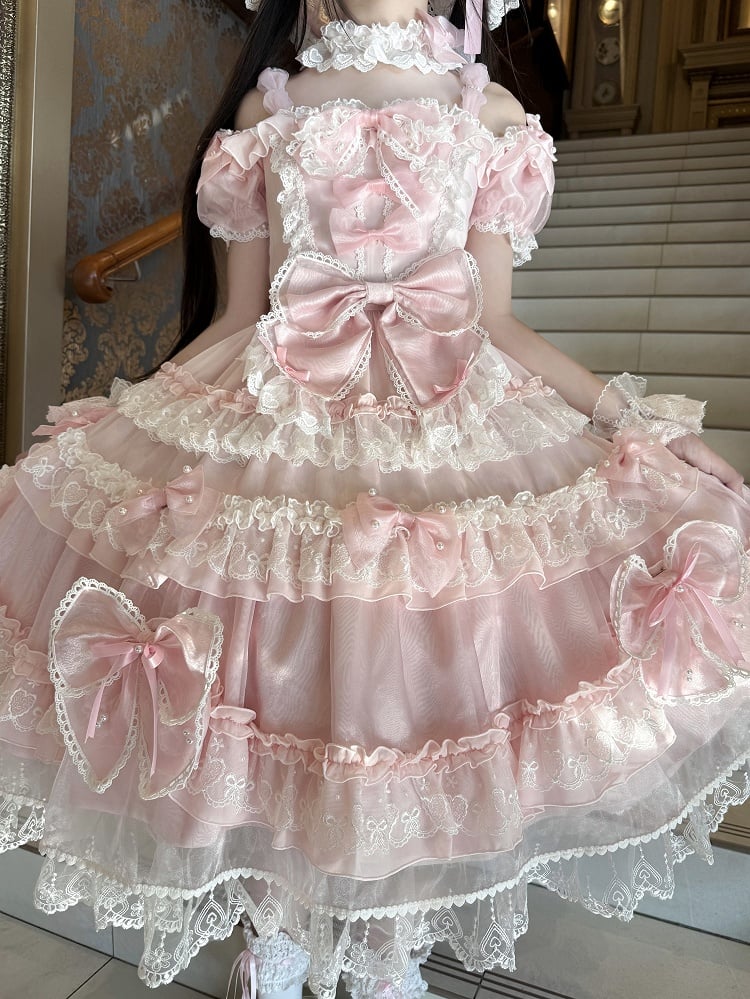 Süßes Lolita-Prinzessinnen-Perlenkleid mit Schleife und auf der Rückseite mit großen rosa Akzenten