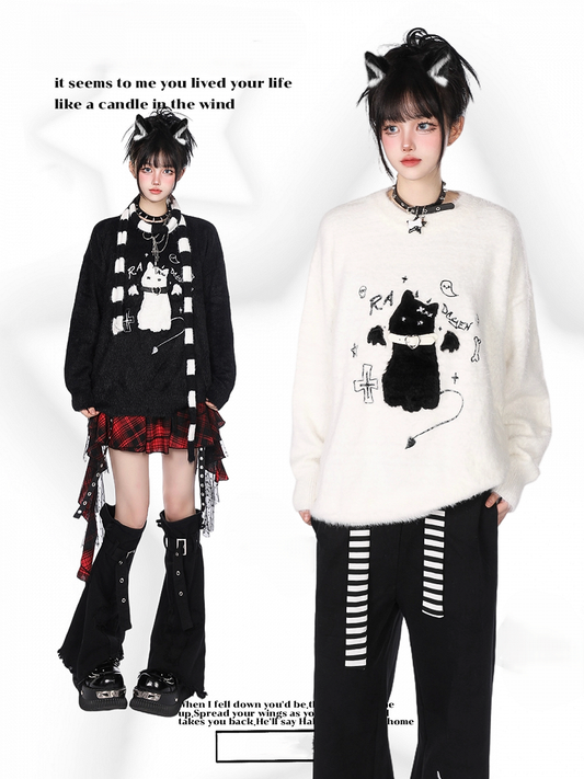 Detail Cat Belt Sweater Collar Knit Flocked Embroidery - Kawaii White/Black