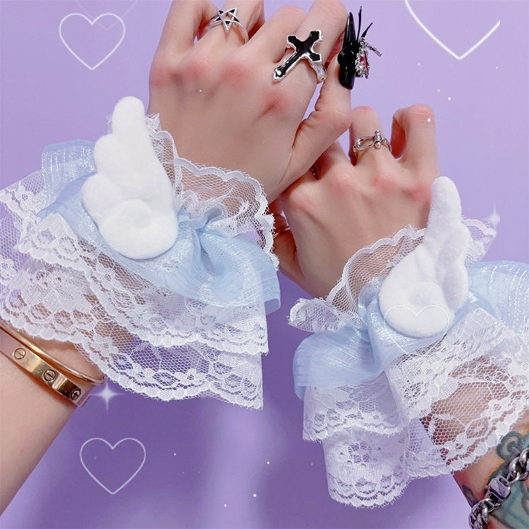 Decorated Plush Cuffs Wrist Wing Jirai Blue/Pink Lace Trim Kei