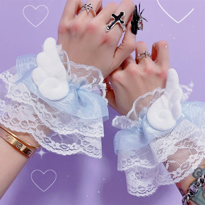 Decorated Plush Cuffs Wrist Wing Jirai Blue/Pink Lace Trim Kei
