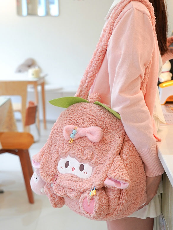 Pink Lamb Bowknot Plush Flap Backpack Bag Middle/Large Size