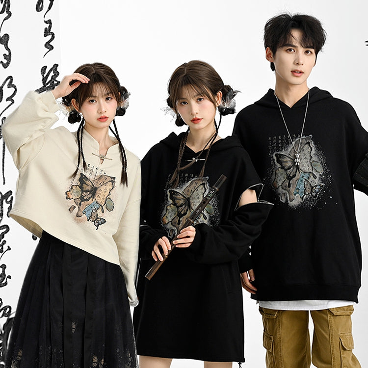 Gebänderter Sweatshirtkragen Schmetterlingsstil Cheongsam-Druck Schwarz/Apricot