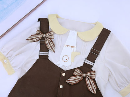 Dunkelbraune karierte Latzshorts mit Schleifendetail