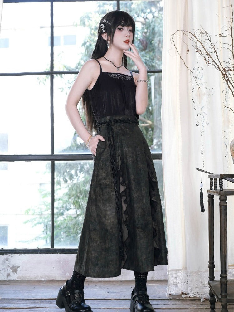 Chinese Gothic Black Cami Top with Deer Embroidery - Quirky Hut