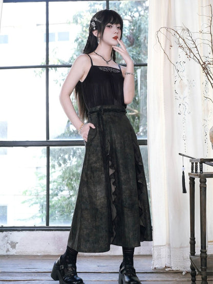 Chinese Gothic Black Cami Top with Deer Embroidery - Quirky Hut