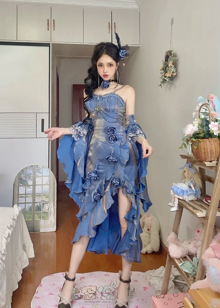 Blue Rosette Mermaid Evening Gown with Detachable Flounce Sleeves