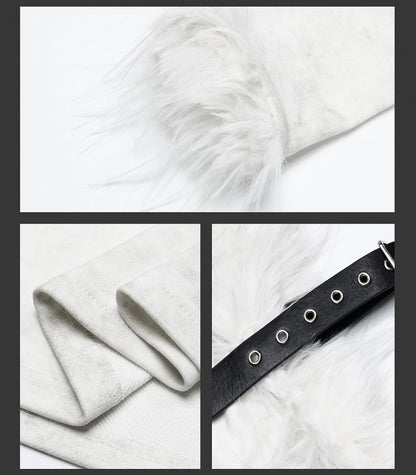 Punk Milk White Angel Asymmetrischer Ausschnitt Langarm Top Plüschbesatz