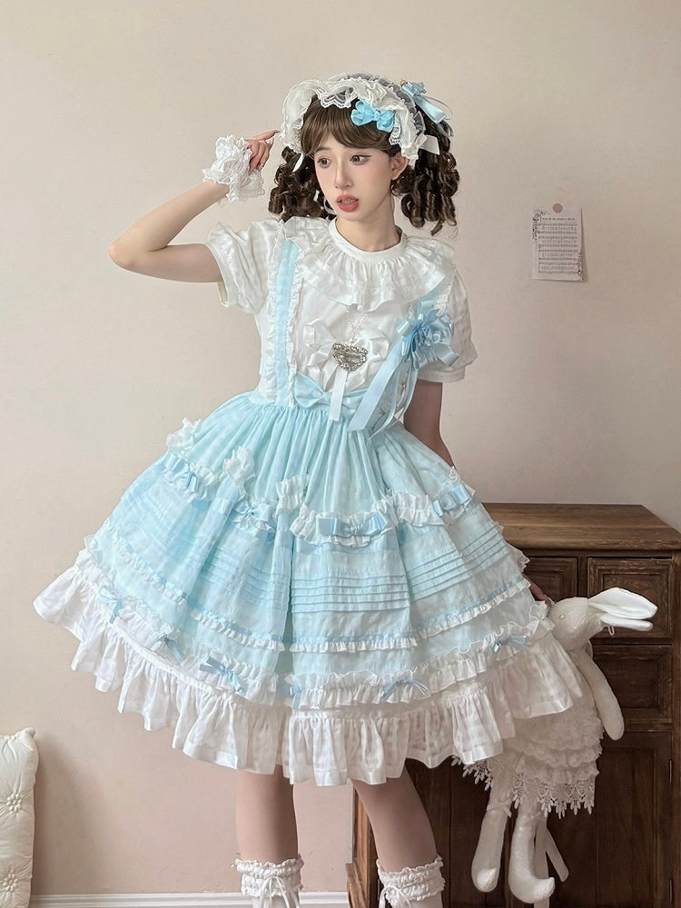 Azure Checkered Frilly Bow Lolita Jumperdress
