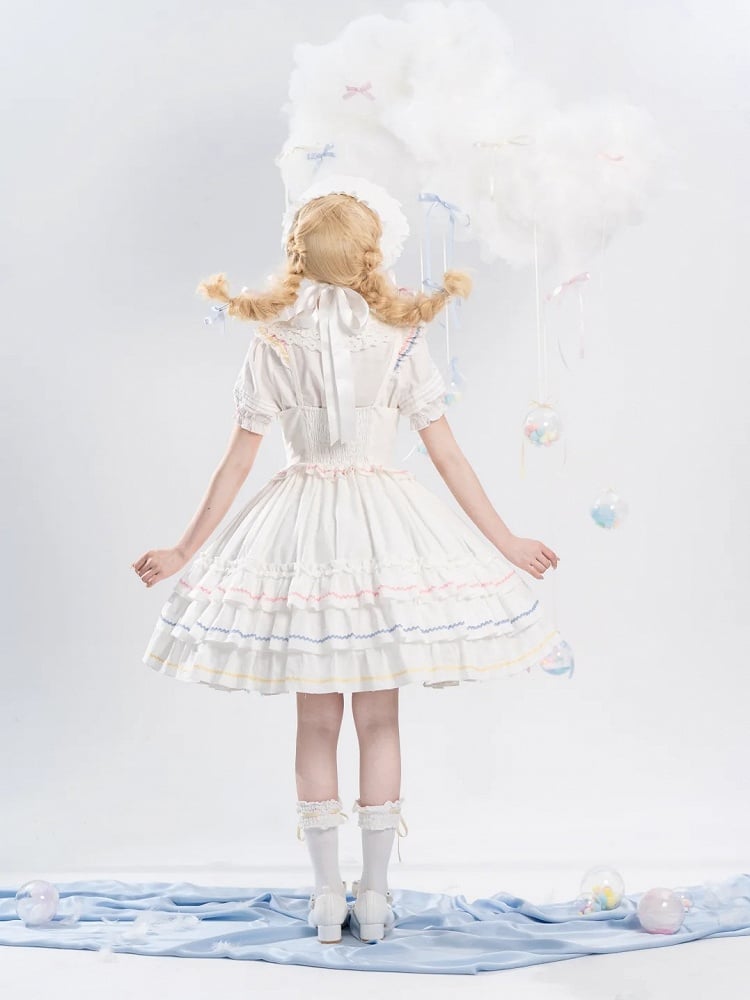 Bowknots White Ruffled Lace Trim Bonnet Macaron Color