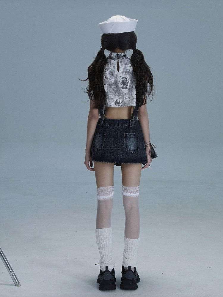 Blue Front Dusty Pleated Overall Shape Skirt with Punk Convertible Star Denim Distressed Dress