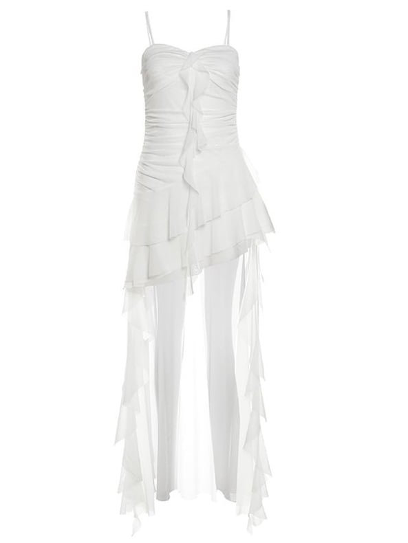 Y2K Glamouröses Top Cami Asymmetrischer Saum Urlaub Weiße Rüschen