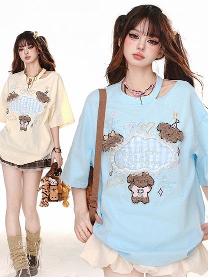 Blue/Apricot Cute Puppy Appliques Cutout Detail Summer T-shirt