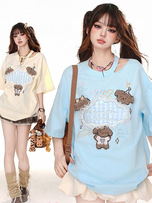 Blue/Apricot Cute Puppy Appliques Cutout Detail Summer T-shirt
